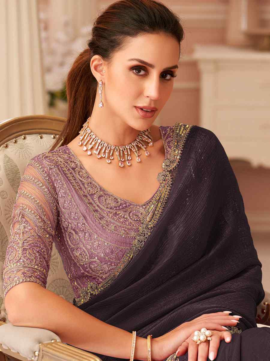 Wine Rainbow Georgette Embroidery Bridal Reception Festival Wedding Fancy Heavy Border Saree