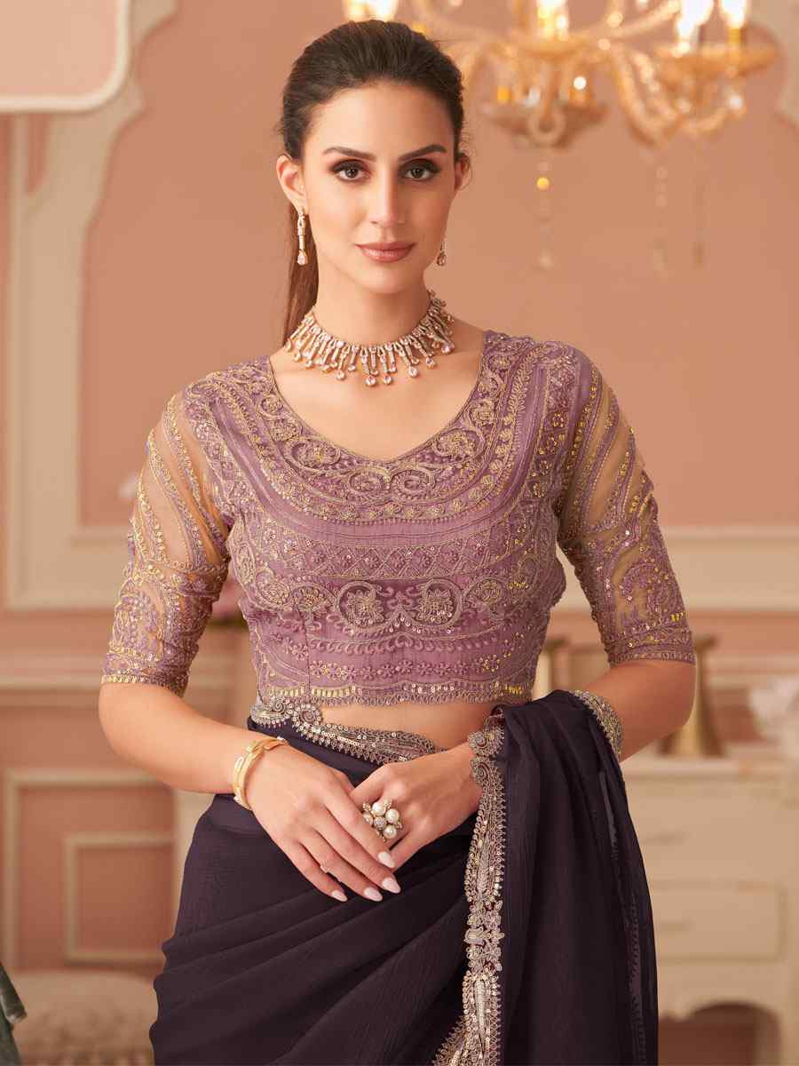 Wine Rainbow Georgette Embroidery Bridal Reception Festival Wedding Fancy Heavy Border Saree