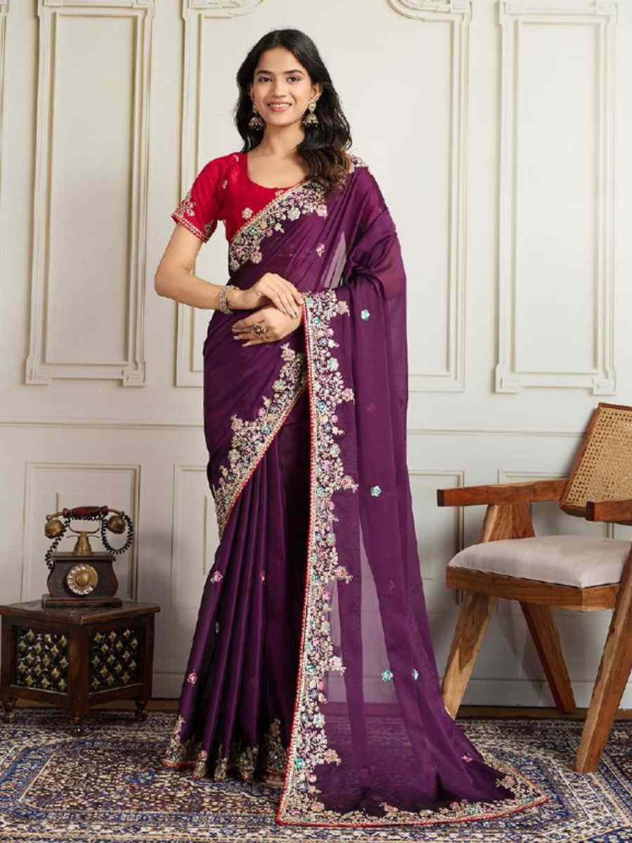 Wine Rangoli Silk Embroidery Traditional Bridal Reception Festival Wedding Fancy Heavy Border Saree
