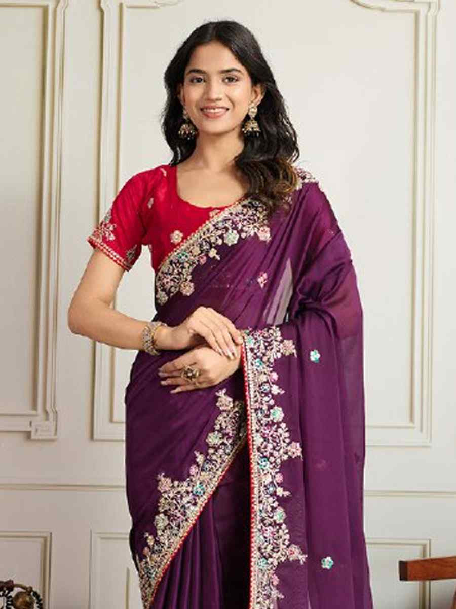 Wine Rangoli Silk Embroidery Traditional Bridal Reception Festival Wedding Fancy Heavy Border Saree