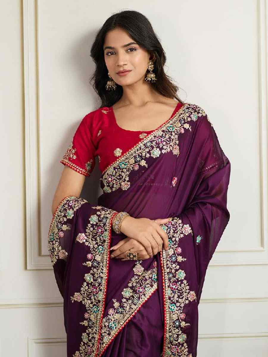 Wine Rangoli Silk Embroidery Traditional Bridal Reception Festival Wedding Fancy Heavy Border Saree
