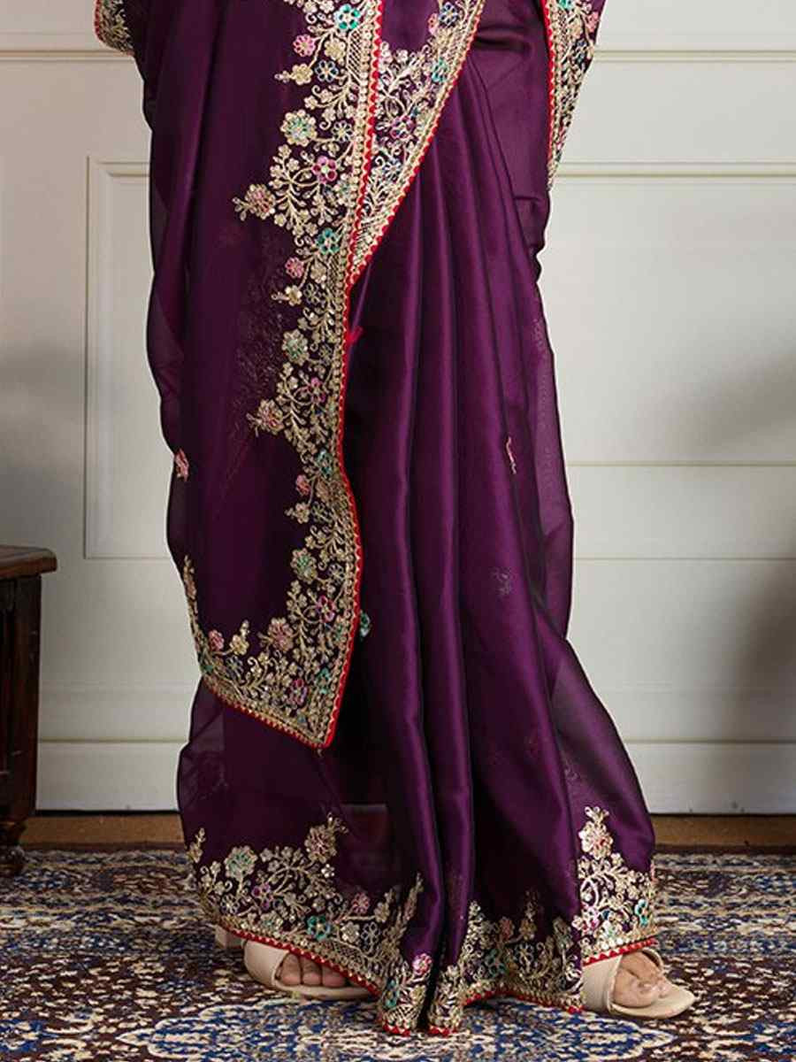 Wine Rangoli Silk Embroidery Traditional Bridal Reception Festival Wedding Fancy Heavy Border Saree