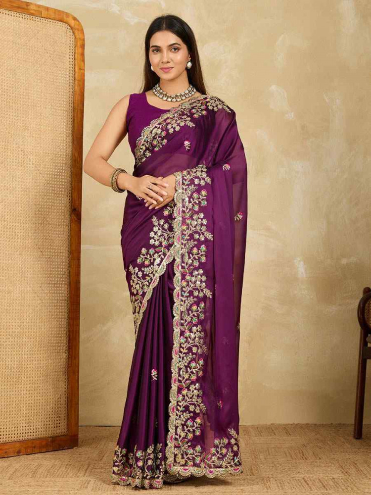 Image of Wine Rangoli Silk Embroidery Traditional Casual Reception Festival Wedding Fancy Heavy Border Saree