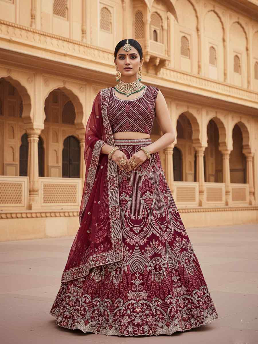 Wine Raw Silk Embroidered Bridal Wedding Reception Festival Heavy Border Lehenga Choli