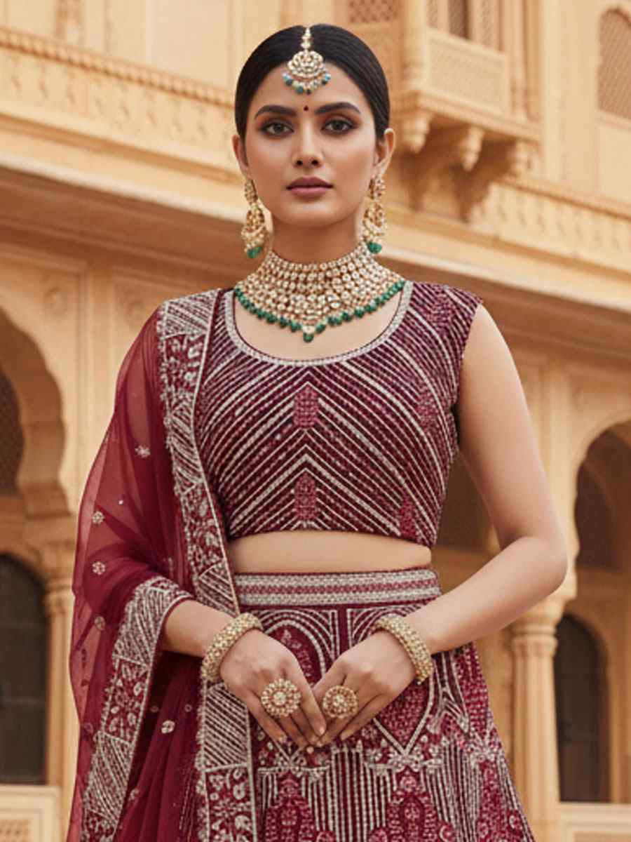 Wine Raw Silk Embroidered Bridal Wedding Reception Festival Heavy Border Lehenga Choli