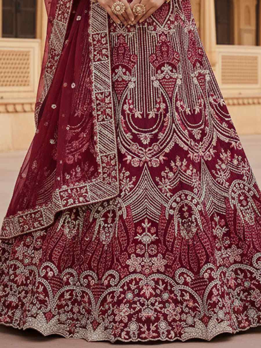 Wine Raw Silk Embroidered Bridal Wedding Reception Festival Heavy Border Lehenga Choli