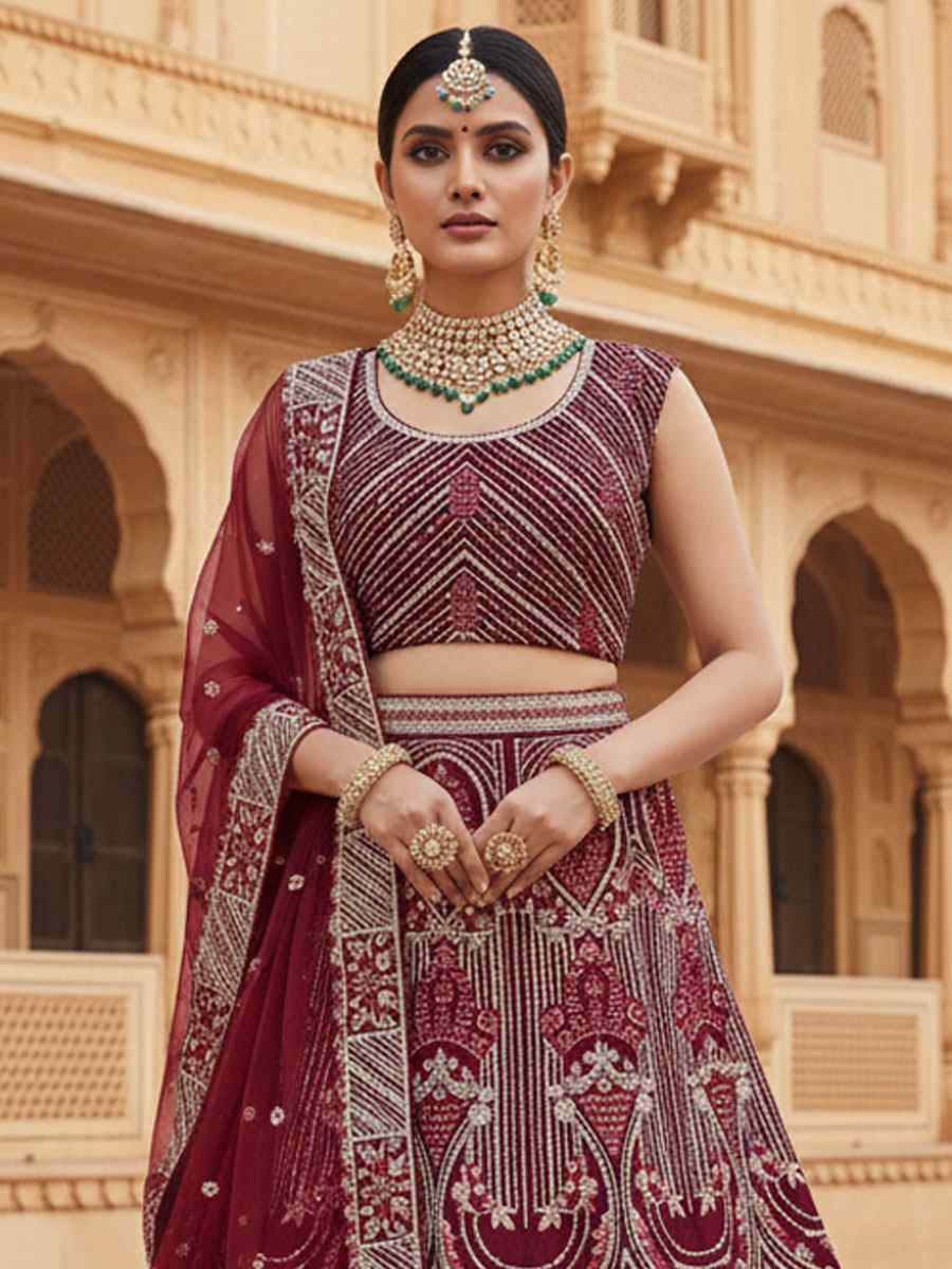Wine Raw Silk Embroidered Bridal Wedding Reception Festival Heavy Border Lehenga Choli