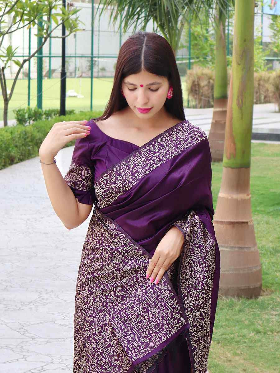 Wine Raw Silk Printed Festival Wedding Fancy Heavy Border Saree