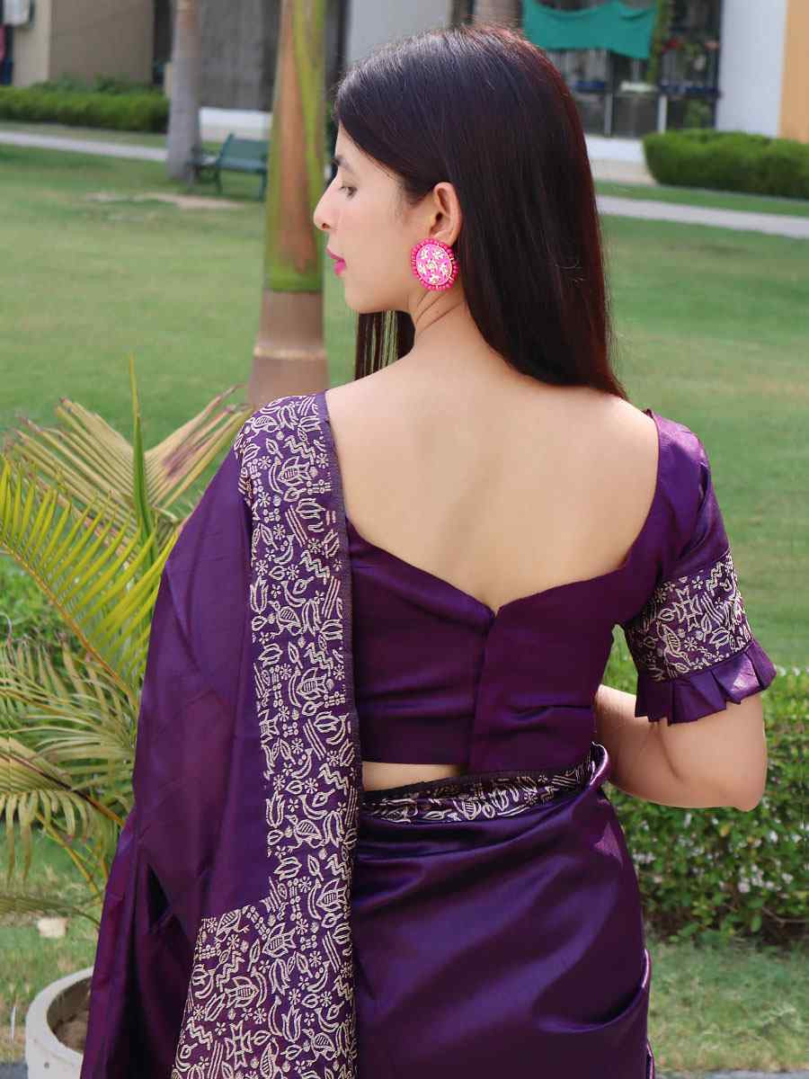 Wine Raw Silk Printed Festival Wedding Fancy Heavy Border Saree