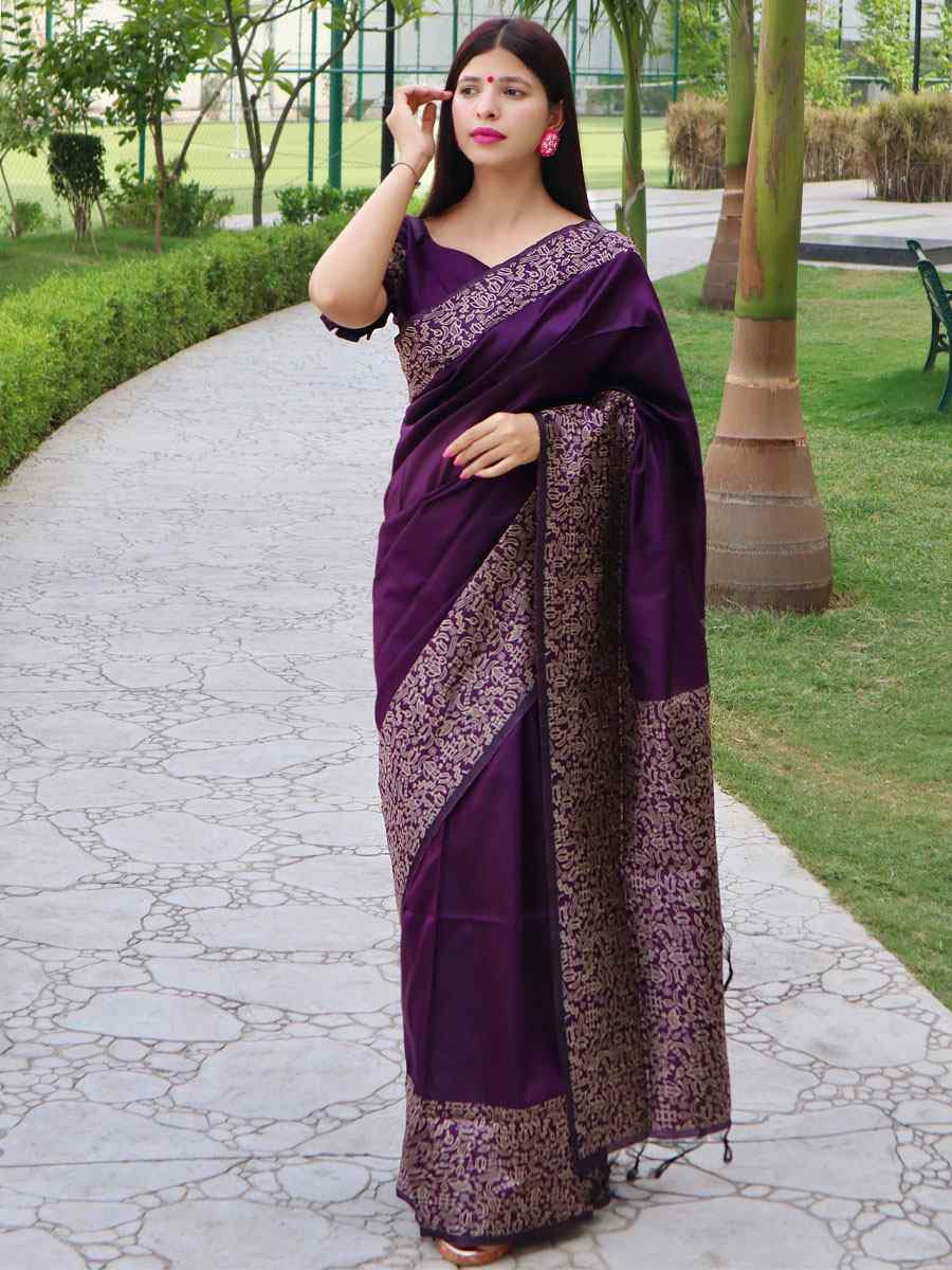 Wine Raw Silk Printed Festival Wedding Fancy Heavy Border Saree