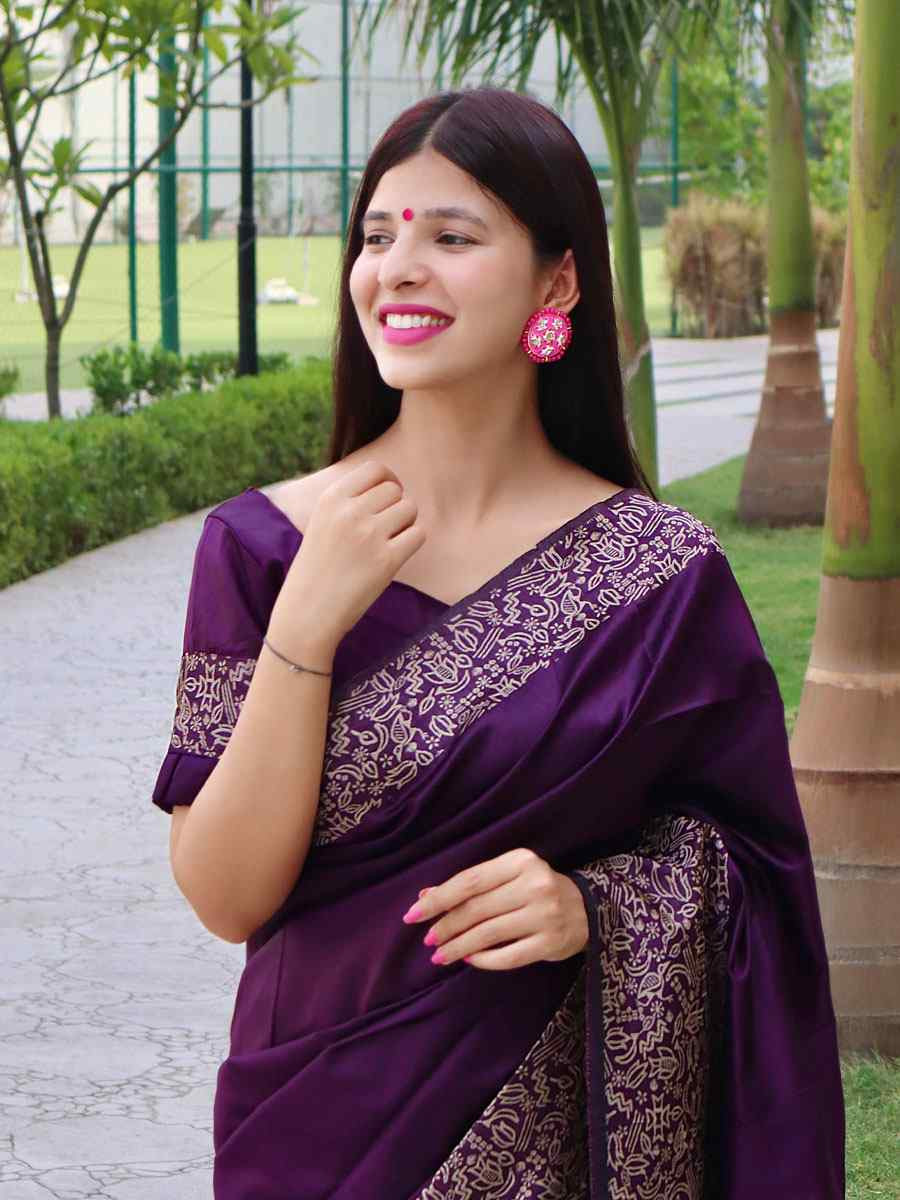 Wine Raw Silk Printed Festival Wedding Fancy Heavy Border Saree