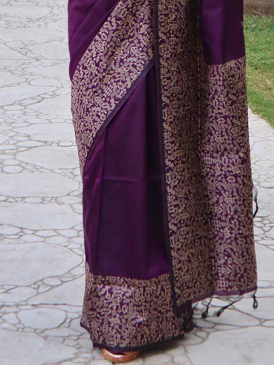 Wine Raw Silk Printed Festival Wedding Fancy Heavy Border Saree