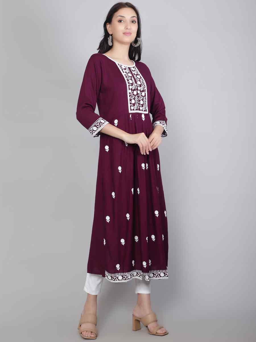 Wine Rayon Embroidered Festival Casual Kurti