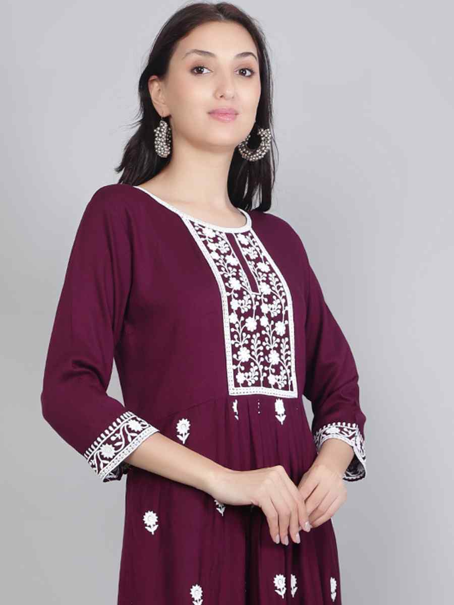 Wine Rayon Embroidered Festival Casual Kurti