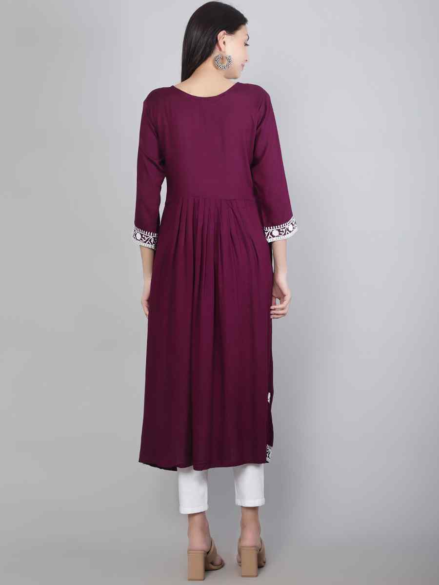 Wine Rayon Embroidered Festival Casual Kurti