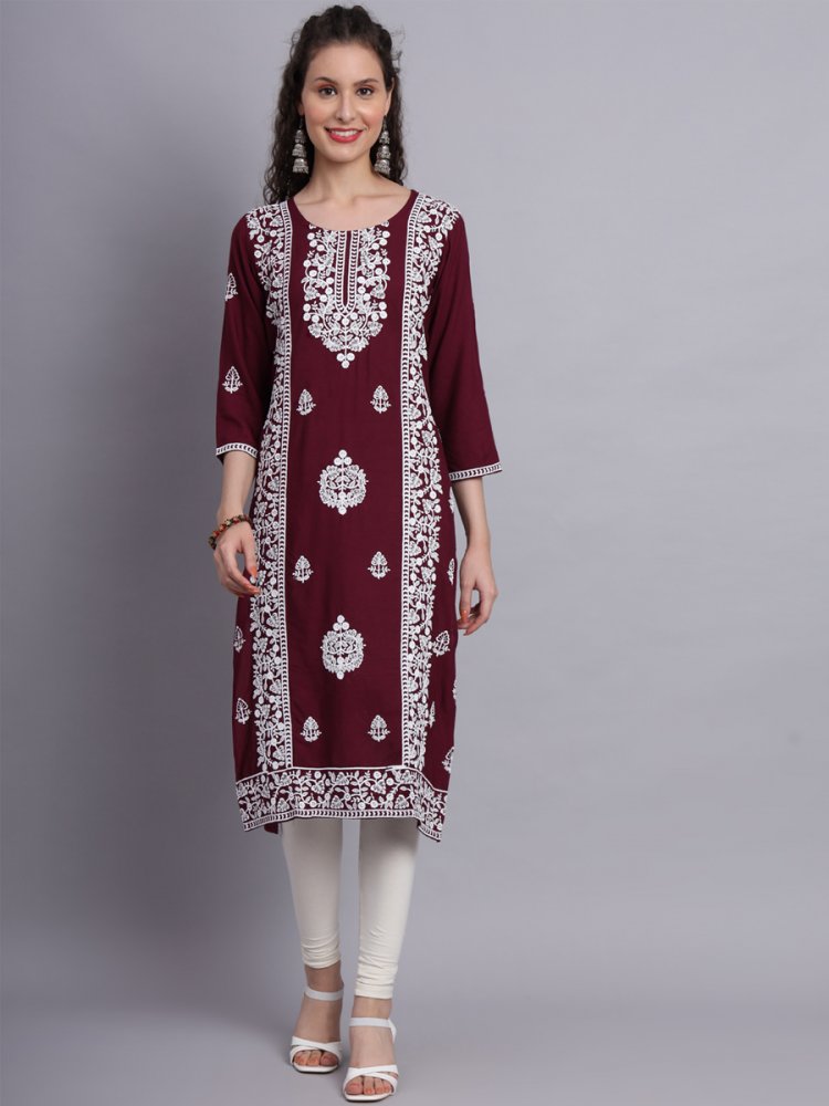 Wine Rayon Embroidered Festival Casual Kurti