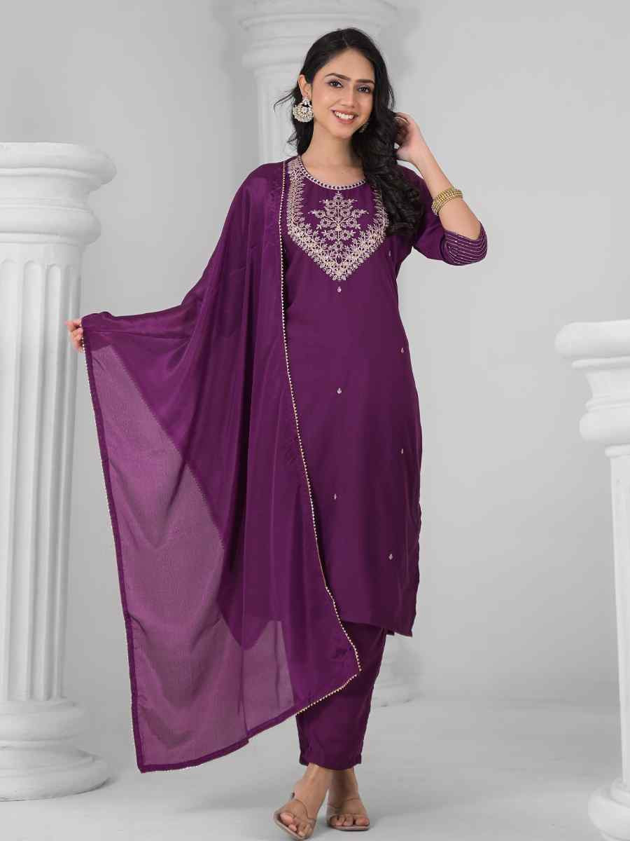 Wine Rayon Embroidered Festival Casual Ready Pant Salwar Kameez