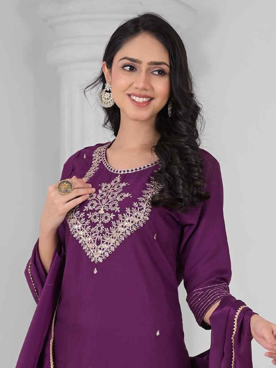 Wine Rayon Embroidered Festival Casual Ready Pant Salwar Kameez