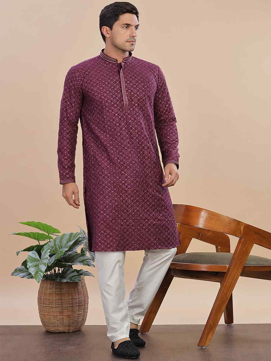 Wine Rayon Embroidered Party Wedding Kurta