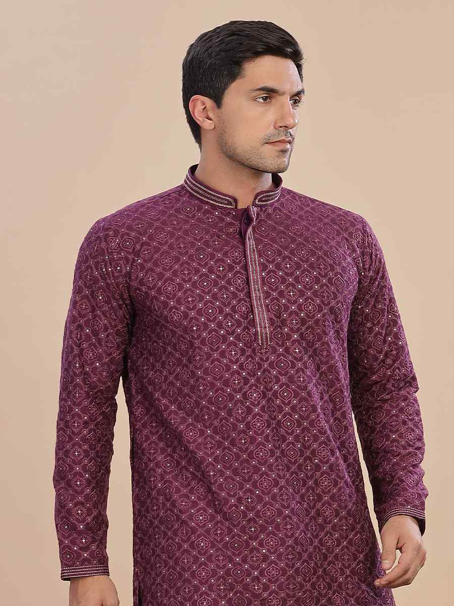Wine Rayon Embroidered Party Wedding Kurta