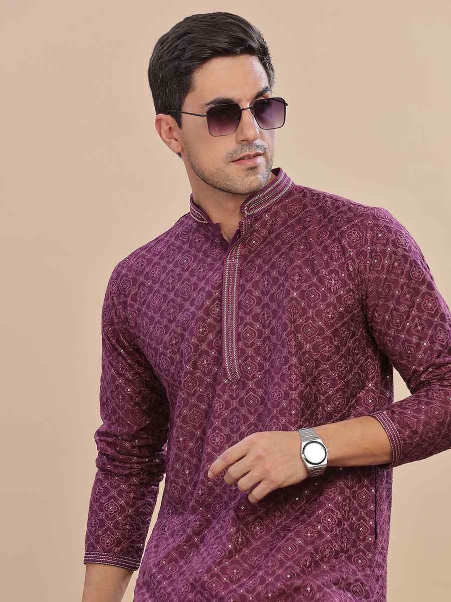 Wine Rayon Embroidered Party Wedding Kurta