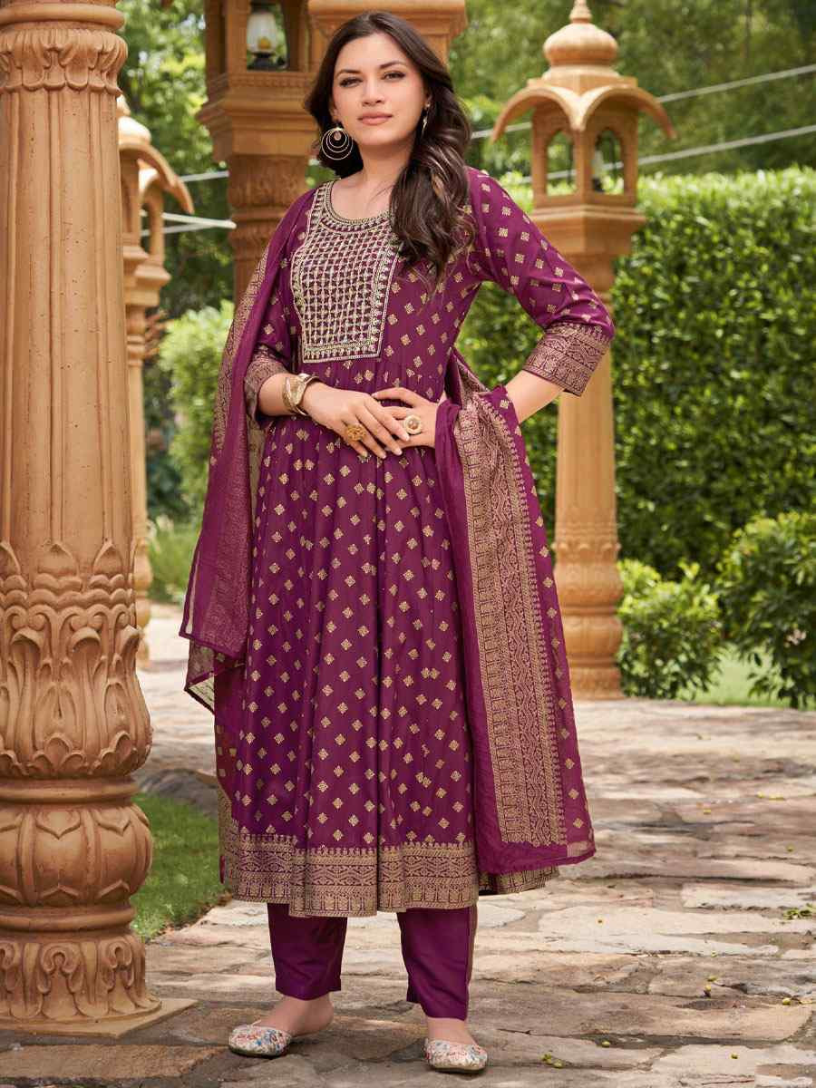 Wine Rayon Embroidery Party Wedding Festival Casual Ready Anarkali Salwar Kameez