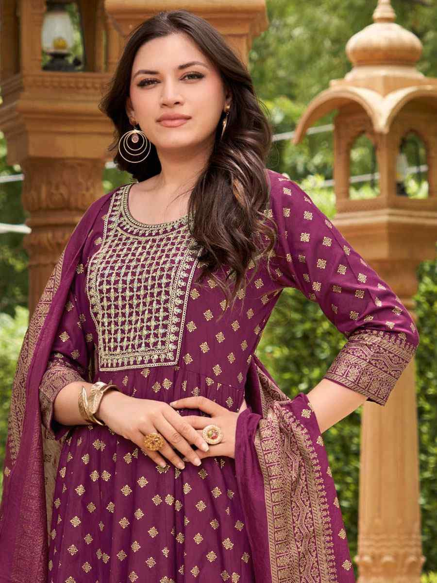 Wine Rayon Embroidery Party Wedding Festival Casual Ready Anarkali Salwar Kameez