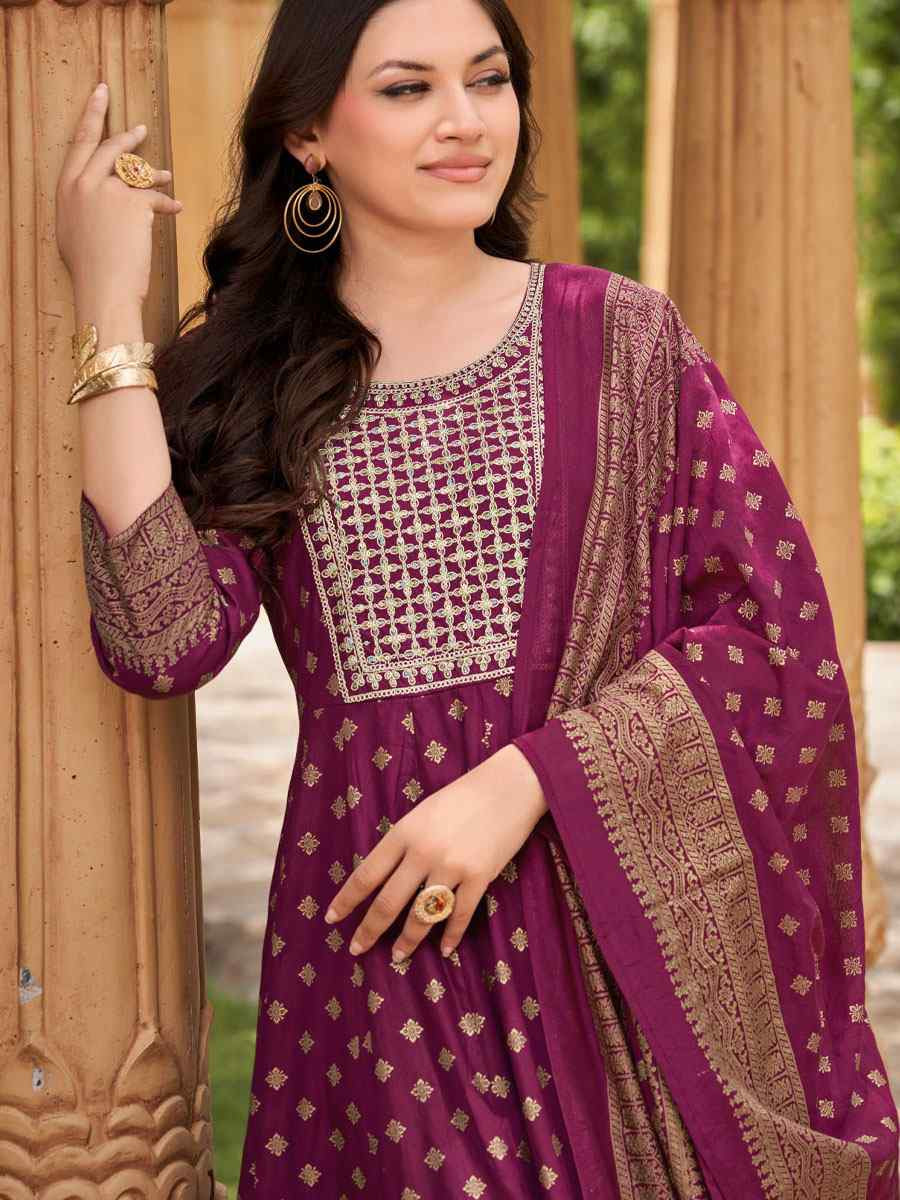 Wine Rayon Embroidery Party Wedding Festival Casual Ready Anarkali Salwar Kameez