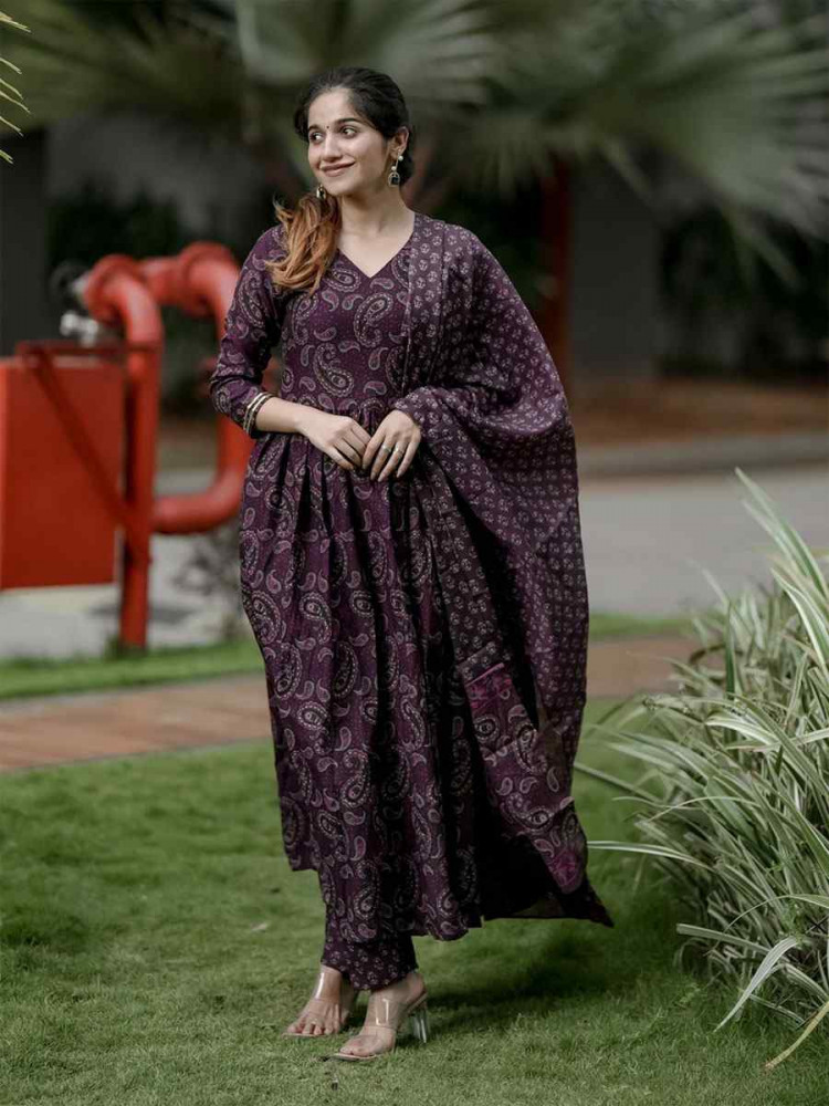 Image of Wine Rayon Printed Party Festival Casual Ready Anarkali Salwar Kameez