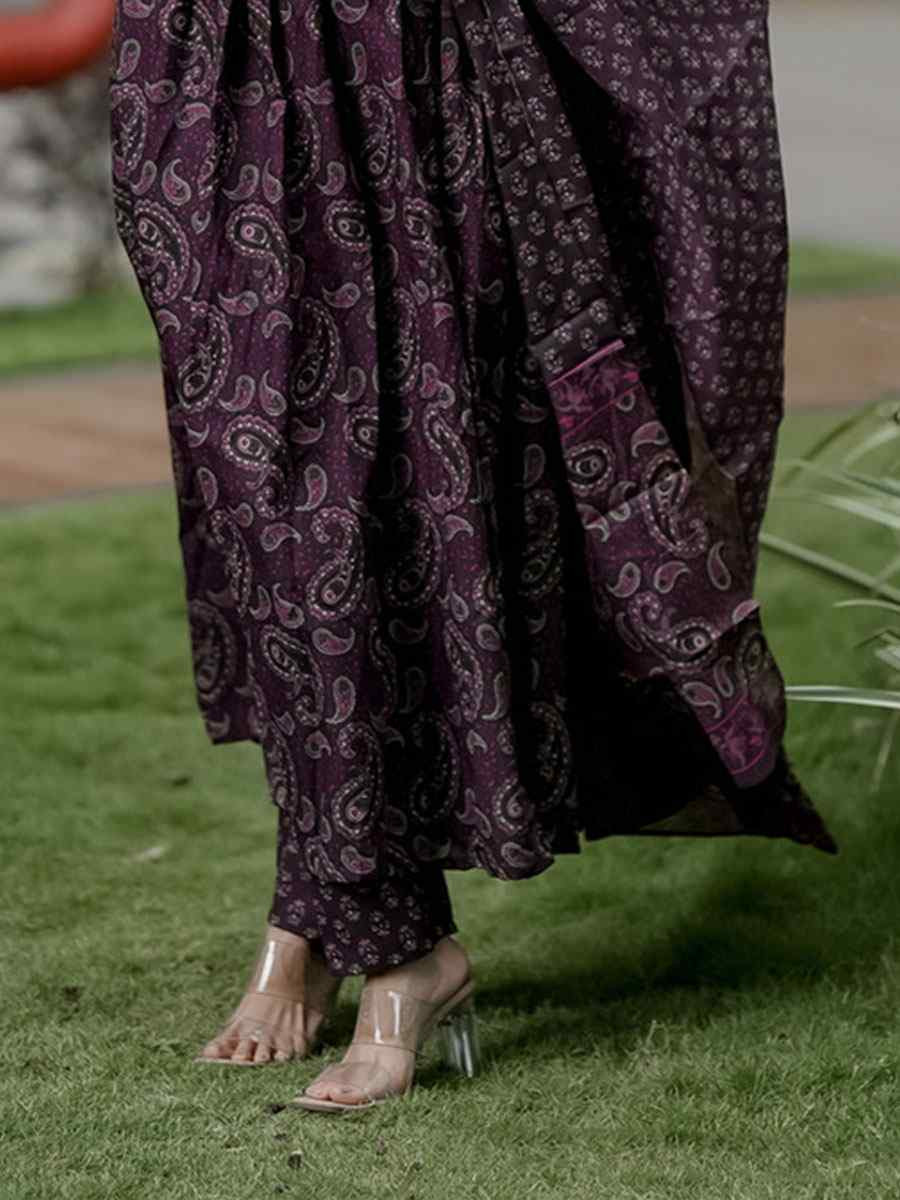 Wine Rayon Printed Party Festival Casual Ready Anarkali Salwar Kameez