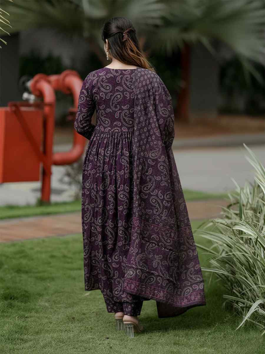 Wine Rayon Printed Party Festival Casual Ready Anarkali Salwar Kameez