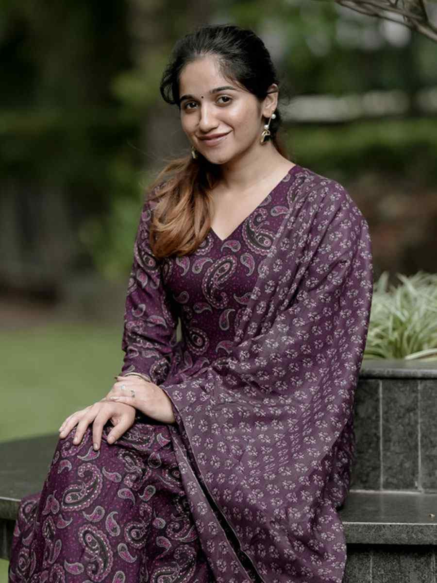 Wine Rayon Printed Party Festival Casual Ready Anarkali Salwar Kameez