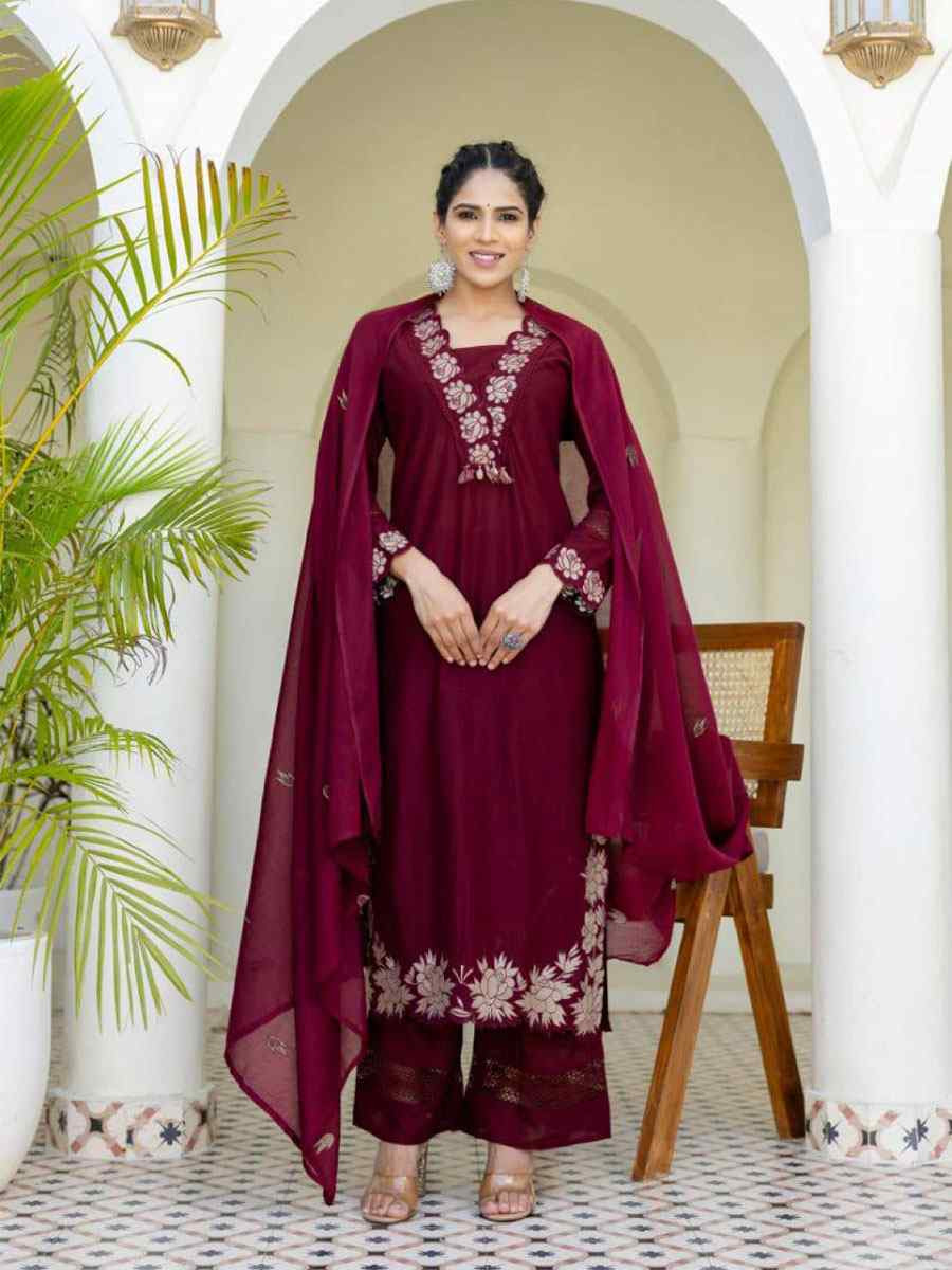 Wine Rayon Slub Cotton Embroidery Party Wedding Festival Casual Ready Pant Salwar Kameez