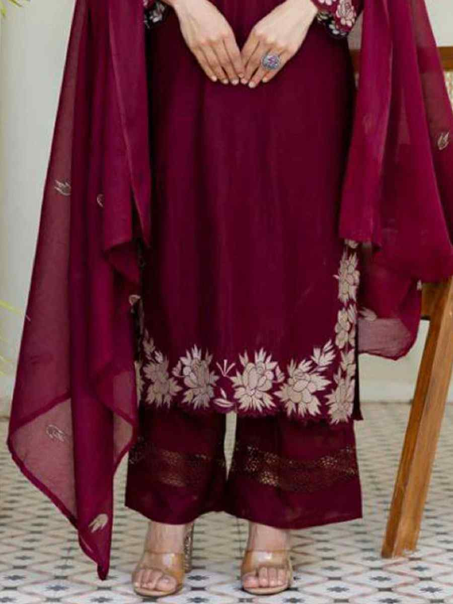 Wine Rayon Slub Cotton Embroidery Party Wedding Festival Casual Ready Pant Salwar Kameez