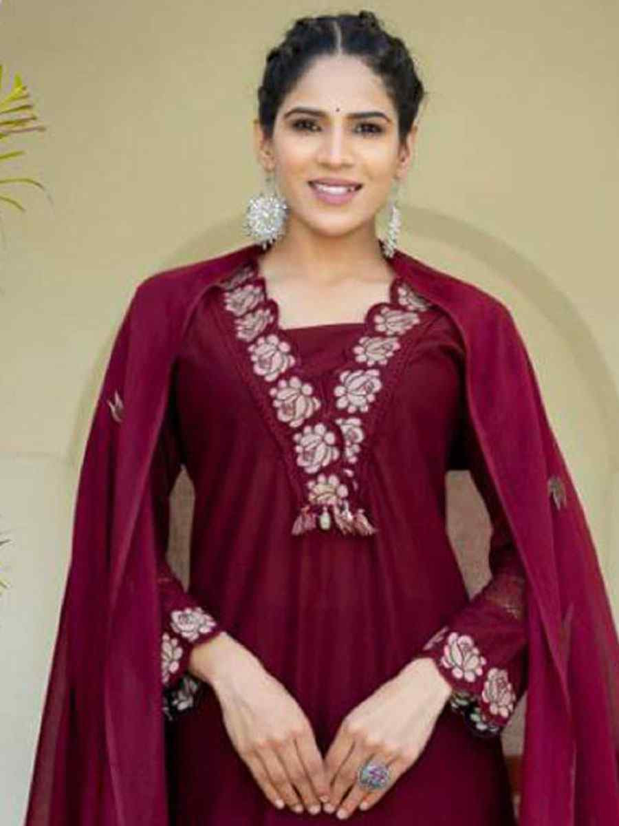 Wine Rayon Slub Cotton Embroidery Party Wedding Festival Casual Ready Pant Salwar Kameez