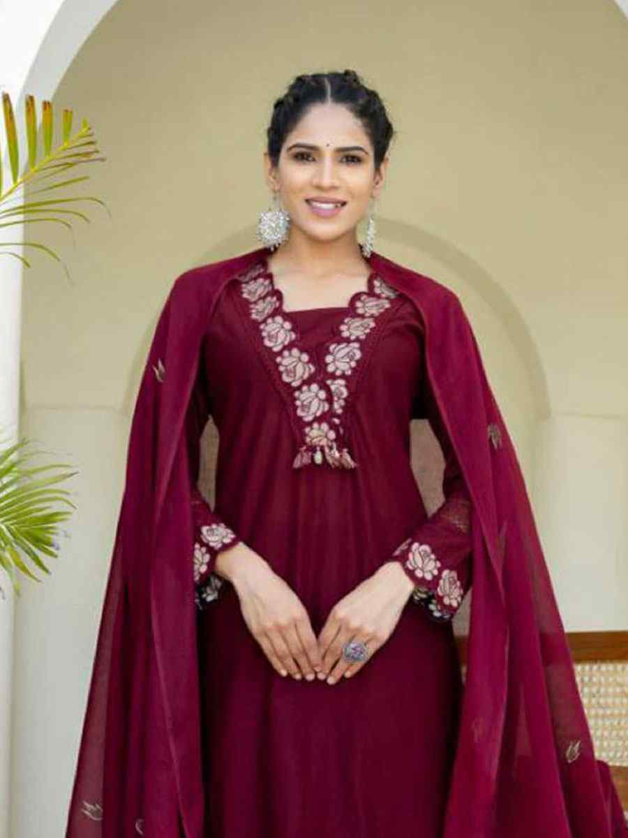 Wine Rayon Slub Cotton Embroidery Party Wedding Festival Casual Ready Pant Salwar Kameez