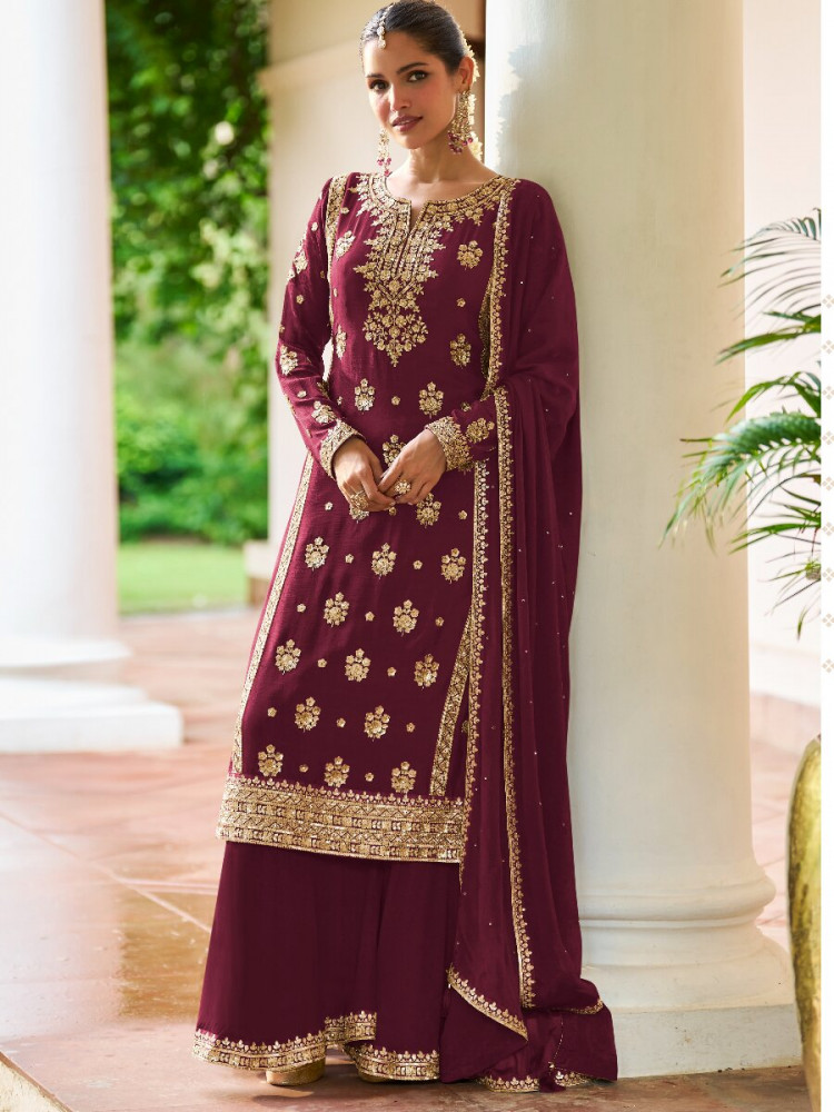 Image of Wine Real Chinon Embroidery Sequins Zari Wedding Festival Party Casual Ready Sharara Pant Salwar Kameez
