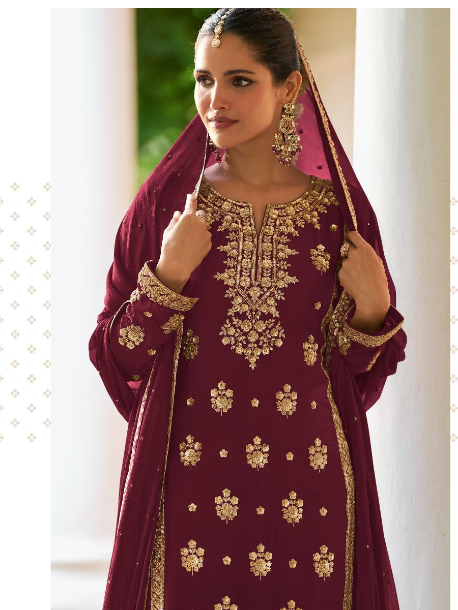 Wine Real Chinon Embroidery Sequins Zari Wedding Festival Party Casual Ready Sharara Pant Salwar Kameez