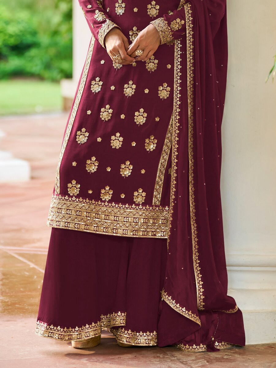 Wine Real Chinon Embroidery Sequins Zari Wedding Festival Party Casual Ready Sharara Pant Salwar Kameez
