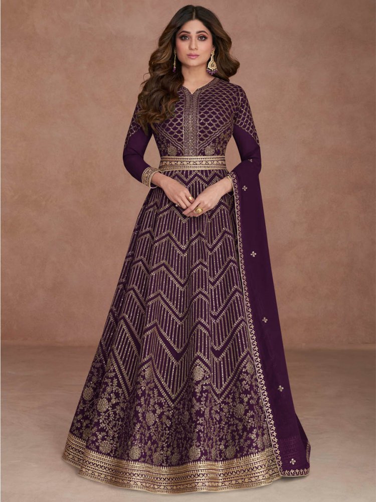 Wine Real Georgette Embroidered Festival Wedding Ready Anarkali Bollywood Style Salwar Kameez