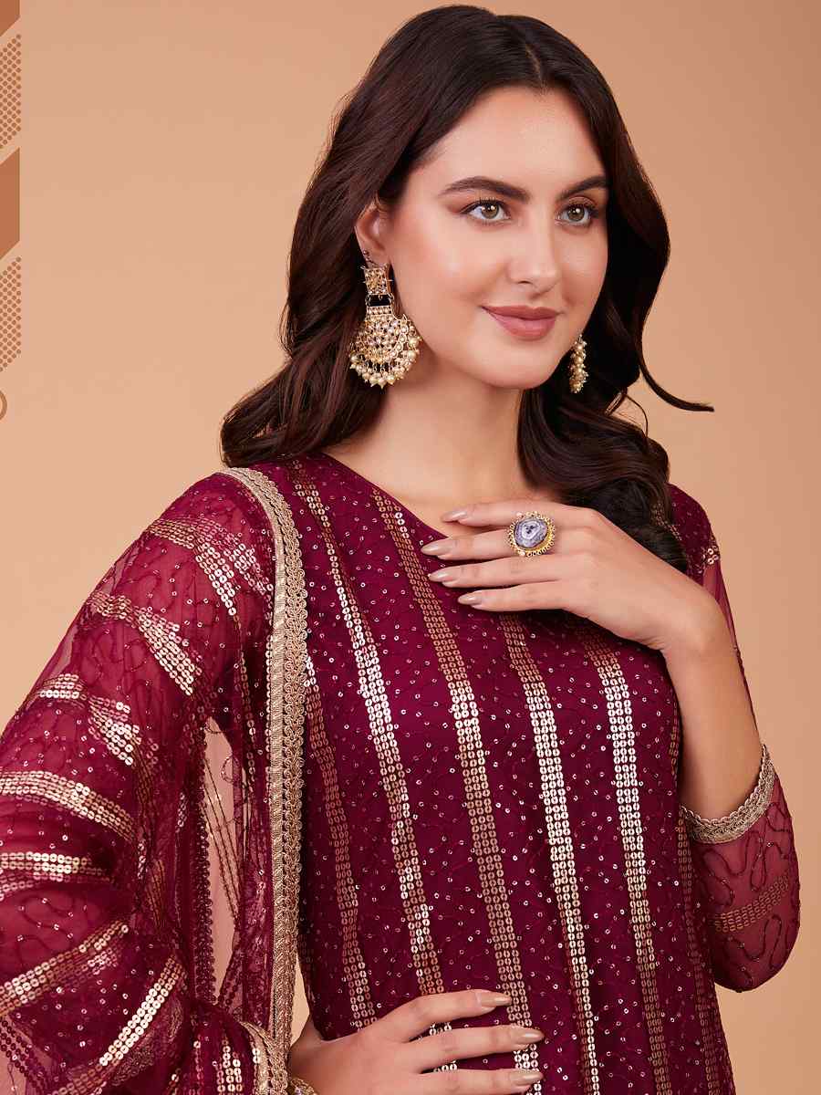 Wine Red Butterfly Net Embroidered Festival Party Pant Salwar Kameez