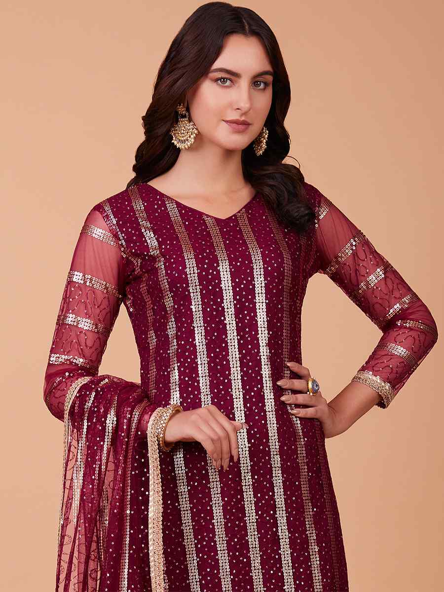 Wine Red Butterfly Net Embroidered Festival Party Pant Salwar Kameez