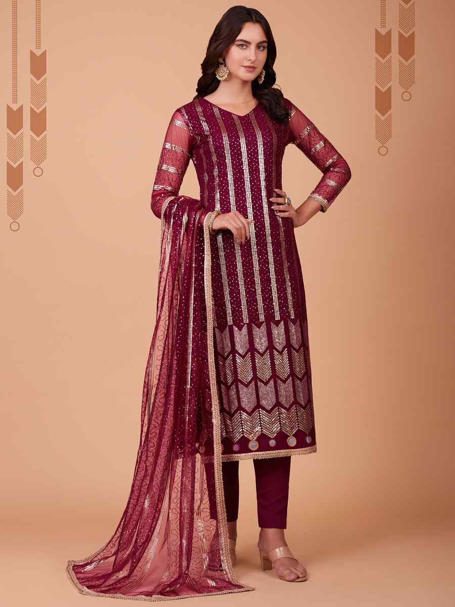 Wine Red Butterfly Net Embroidered Festival Party Pant Salwar Kameez