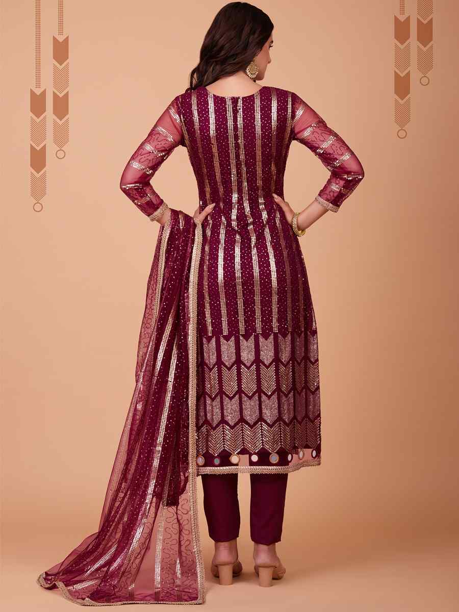 Wine Red Butterfly Net Embroidered Festival Party Pant Salwar Kameez