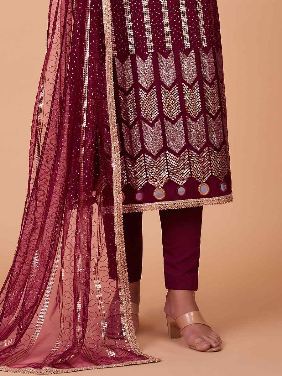 Wine Red Butterfly Net Embroidered Festival Party Pant Salwar Kameez