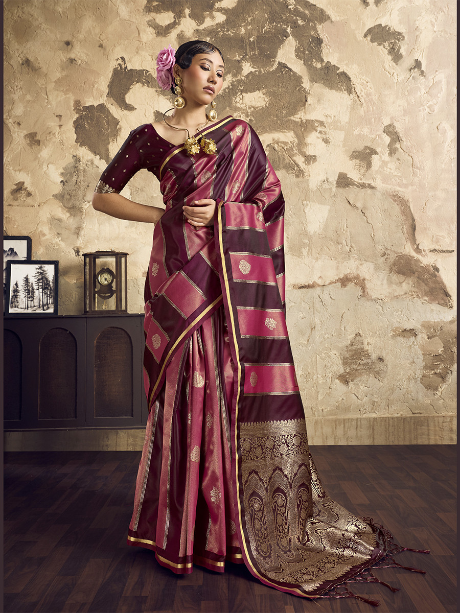 Wine Red Pure Satin Handwoven Wedding Reception Party Festival Casual Heavy Border Sarees