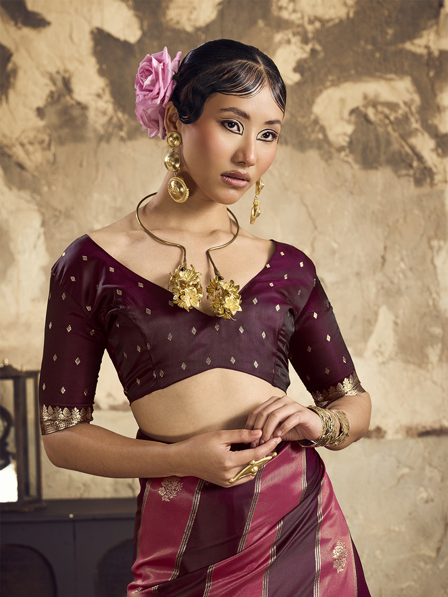 Wine Red Pure Satin Handwoven Wedding Reception Party Festival Casual Heavy Border Sarees