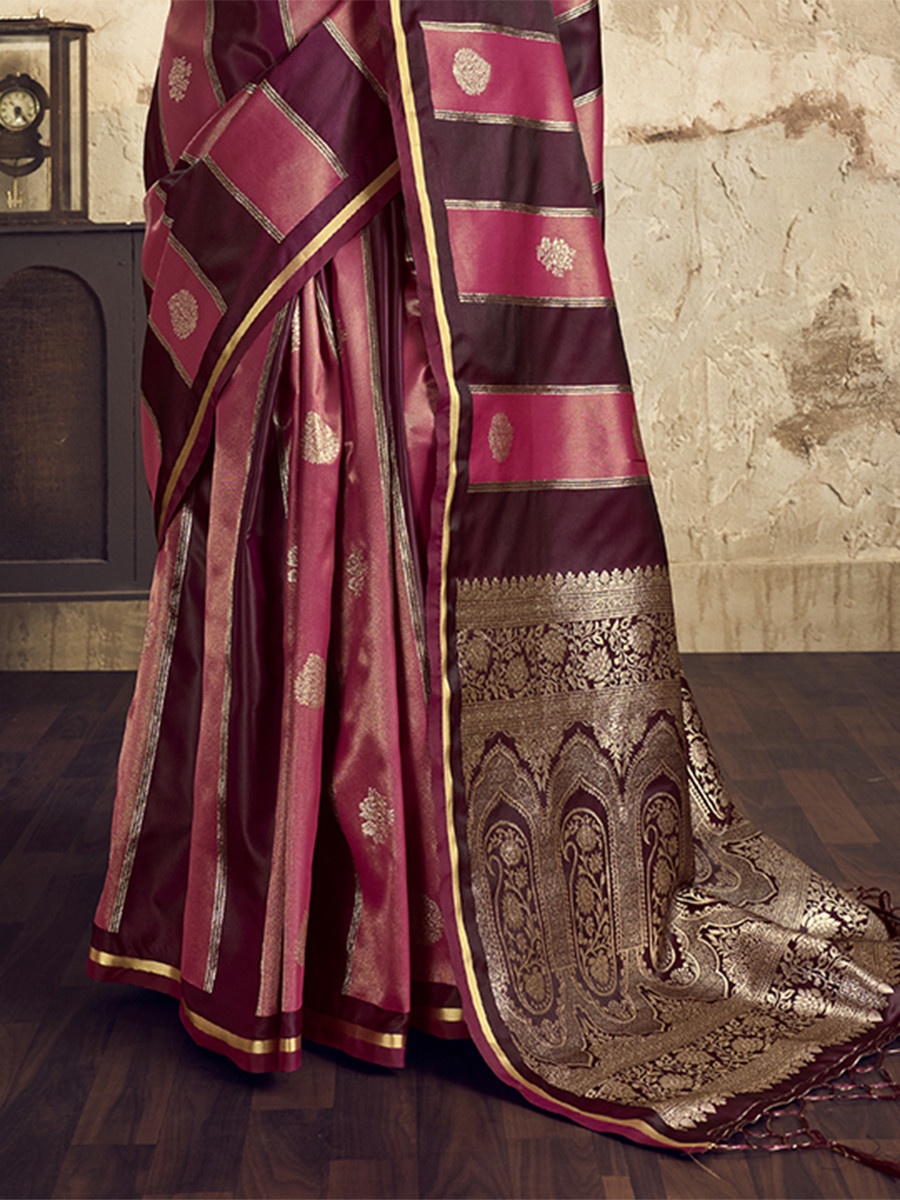 Wine Red Pure Satin Handwoven Wedding Reception Party Festival Casual Heavy Border Sarees