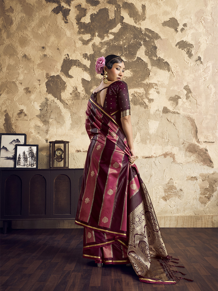 Wine Red Pure Satin Handwoven Wedding Reception Party Festival Casual Heavy Border Sarees