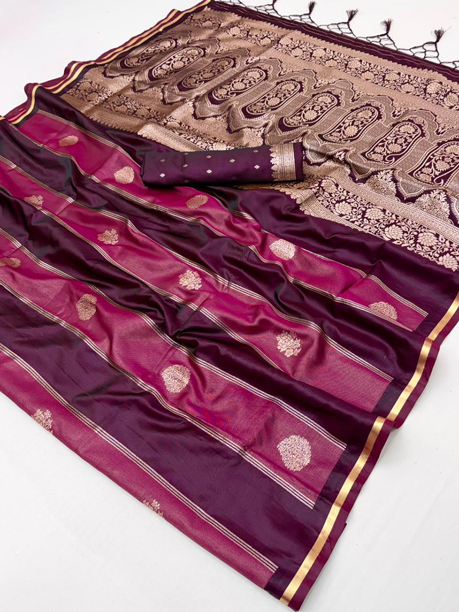 Wine Red Pure Satin Handwoven Wedding Reception Party Festival Casual Heavy Border Sarees